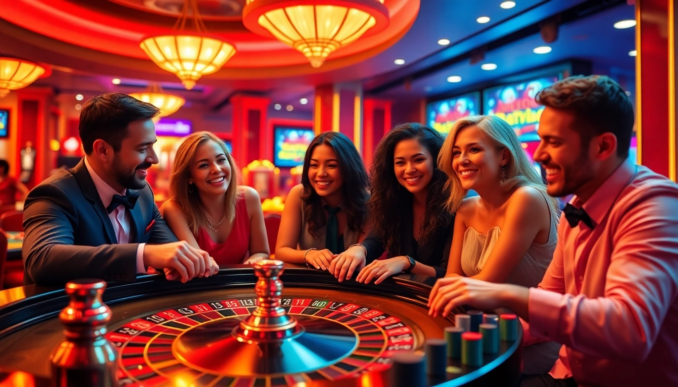 Earn money Casino players enjoying a lively game at a roulette table with smiles and vibrant colors.