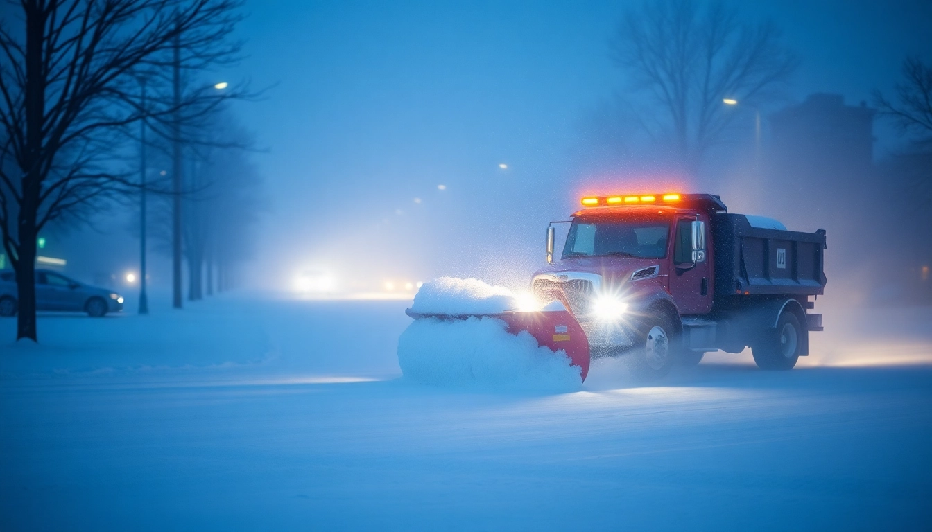 Snow plowing action: A snow plow clears the street, creating a safe path through fresh snow.