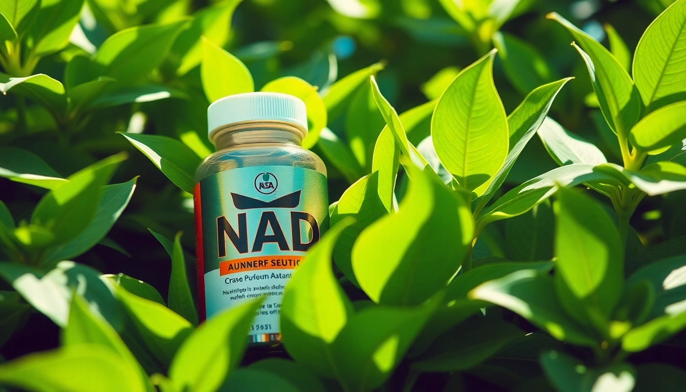 Showcase of a NAD supplement bottle nestled among fresh green leaves, highlighting its natural benefits.