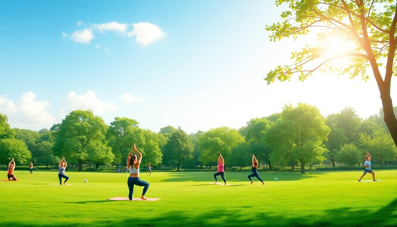 Promote health through yoga sessions in a sunny park, showcasing relaxation and wellness.