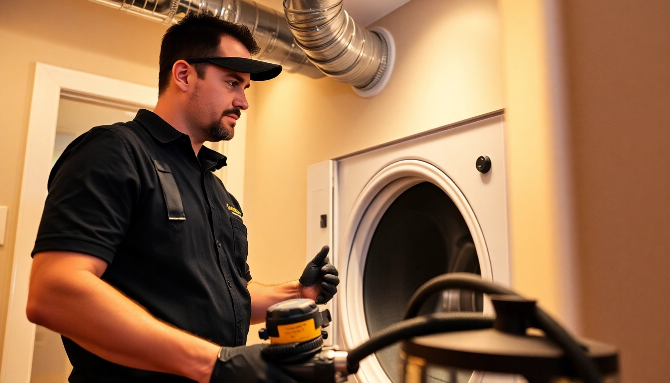 Technician conducting dryer vent cleaning Salt Lake City Utah in a well-lit home with professional equipment.