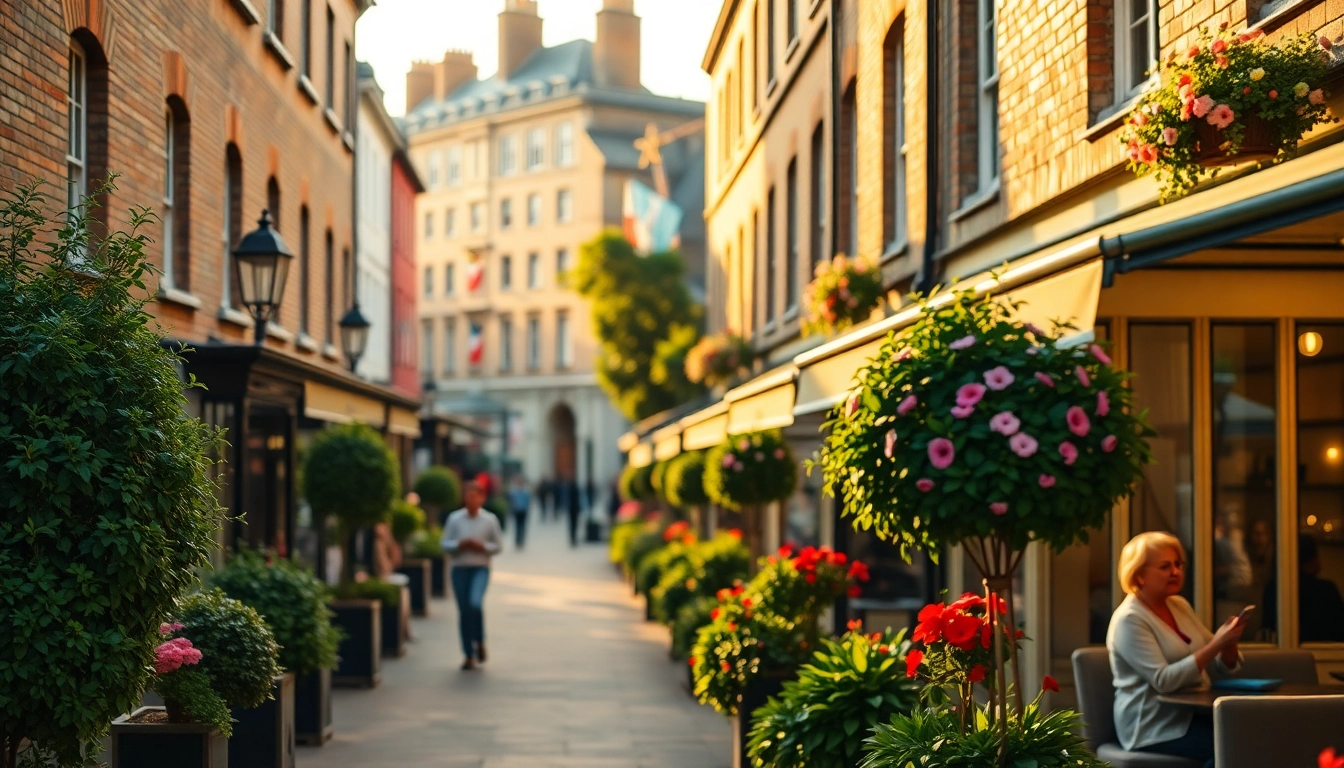 Stunning street view of Bloomsbury with colorful flowers and historic buildings.