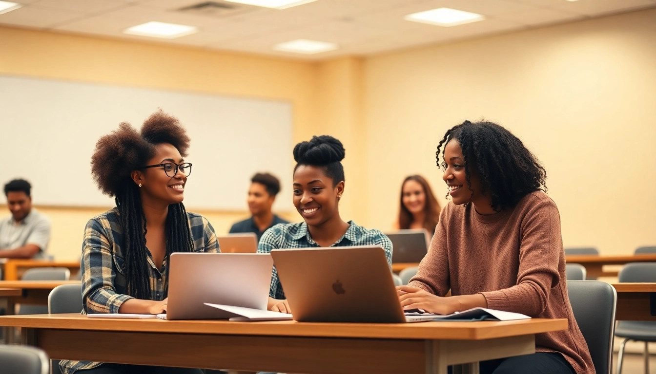 Students collaborating during a Δίπλωμα Digital Marketing Κύπρος class, showcasing an interactive learning environment.