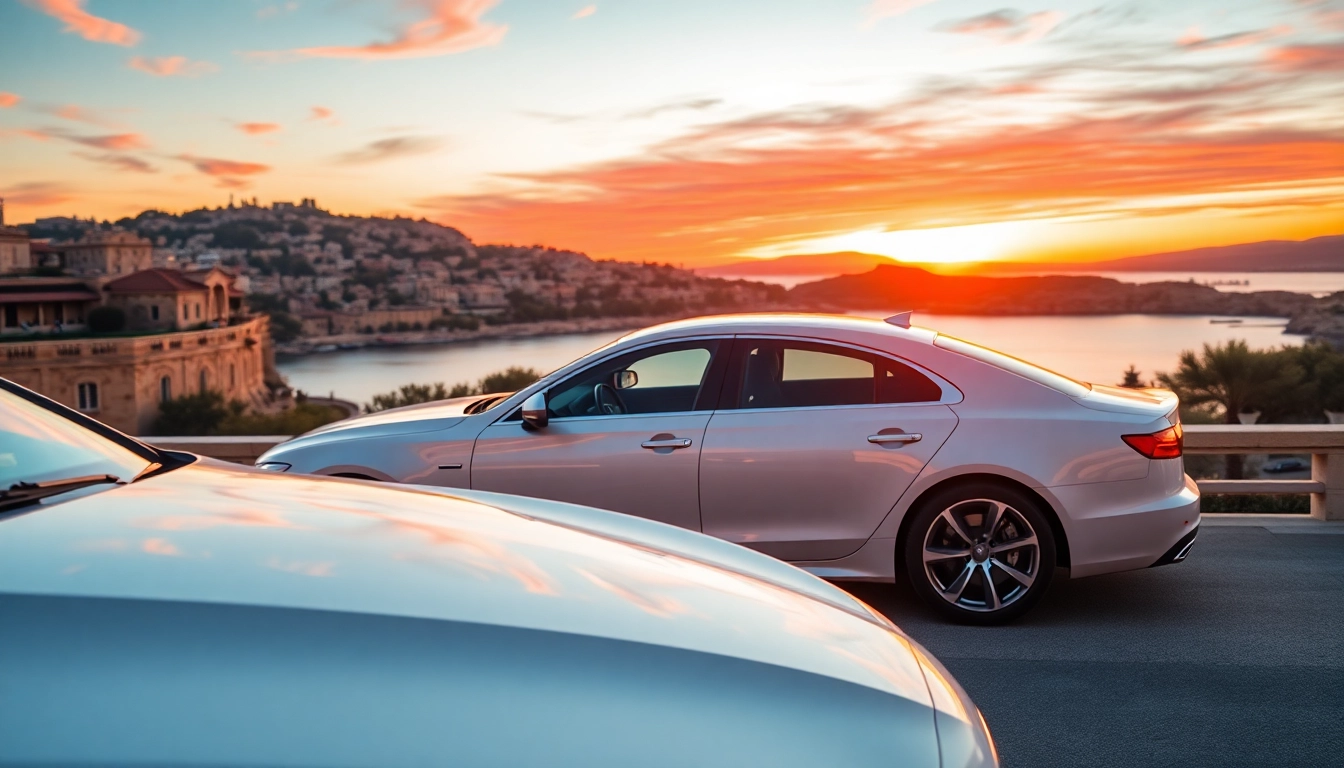 Experience professional hire car with driver Malta, featuring a luxury vehicle against a stunning sunset backdrop.