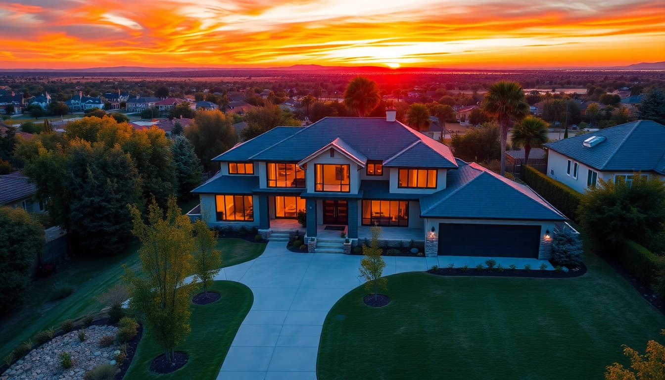 Drone photography for real estate agents capturing a stunning aerial view of a contemporary home at sunset.