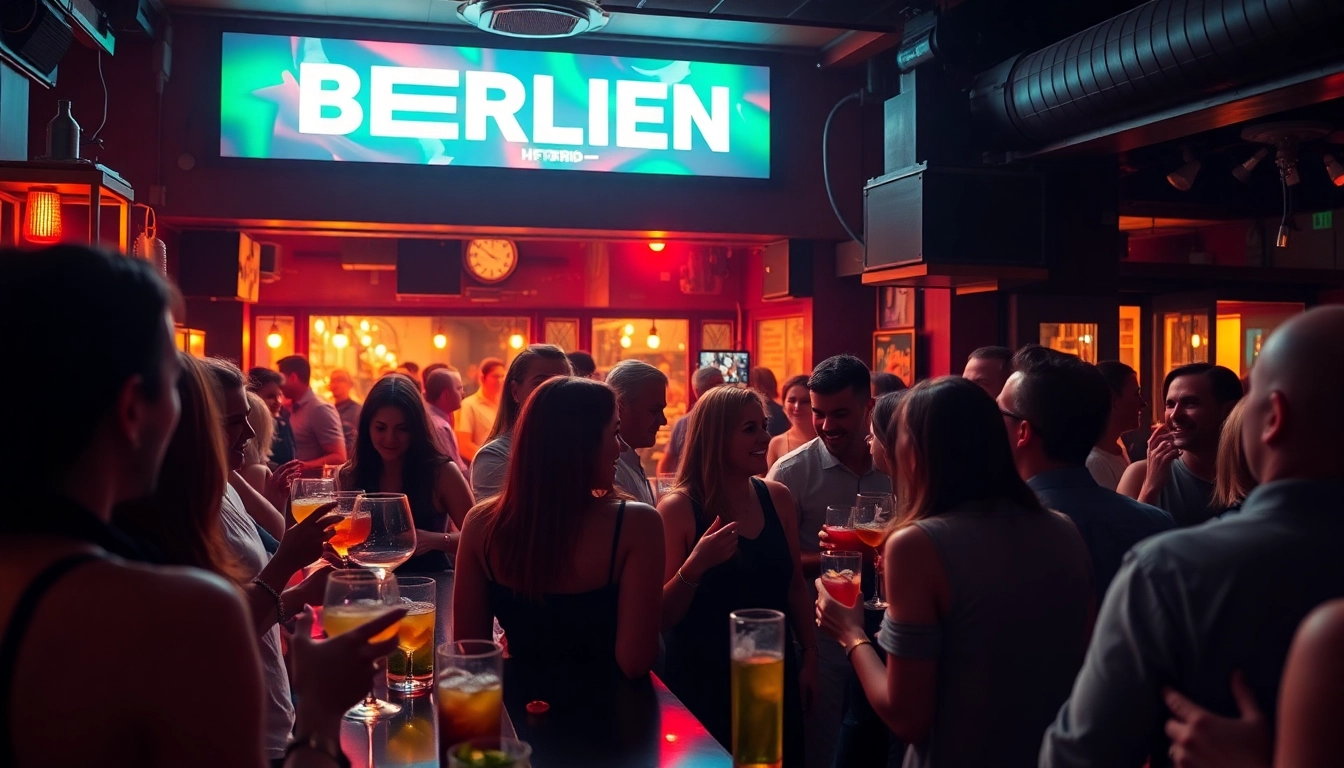 Join the lively afterwork party berlin scene at a bustling bar filled with friends and colorful cocktails.