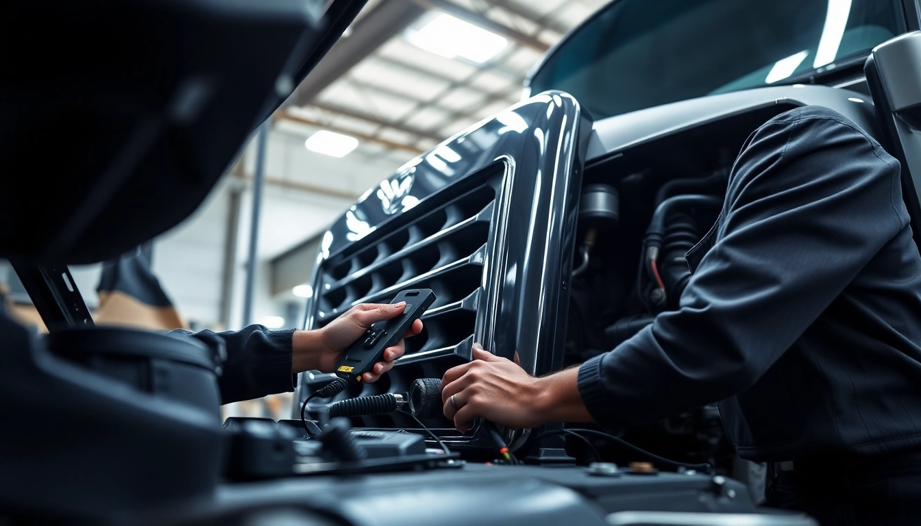 Providing comprehensive truck diagnostic and repair services with a mechanic analyzing the engine in a garage.