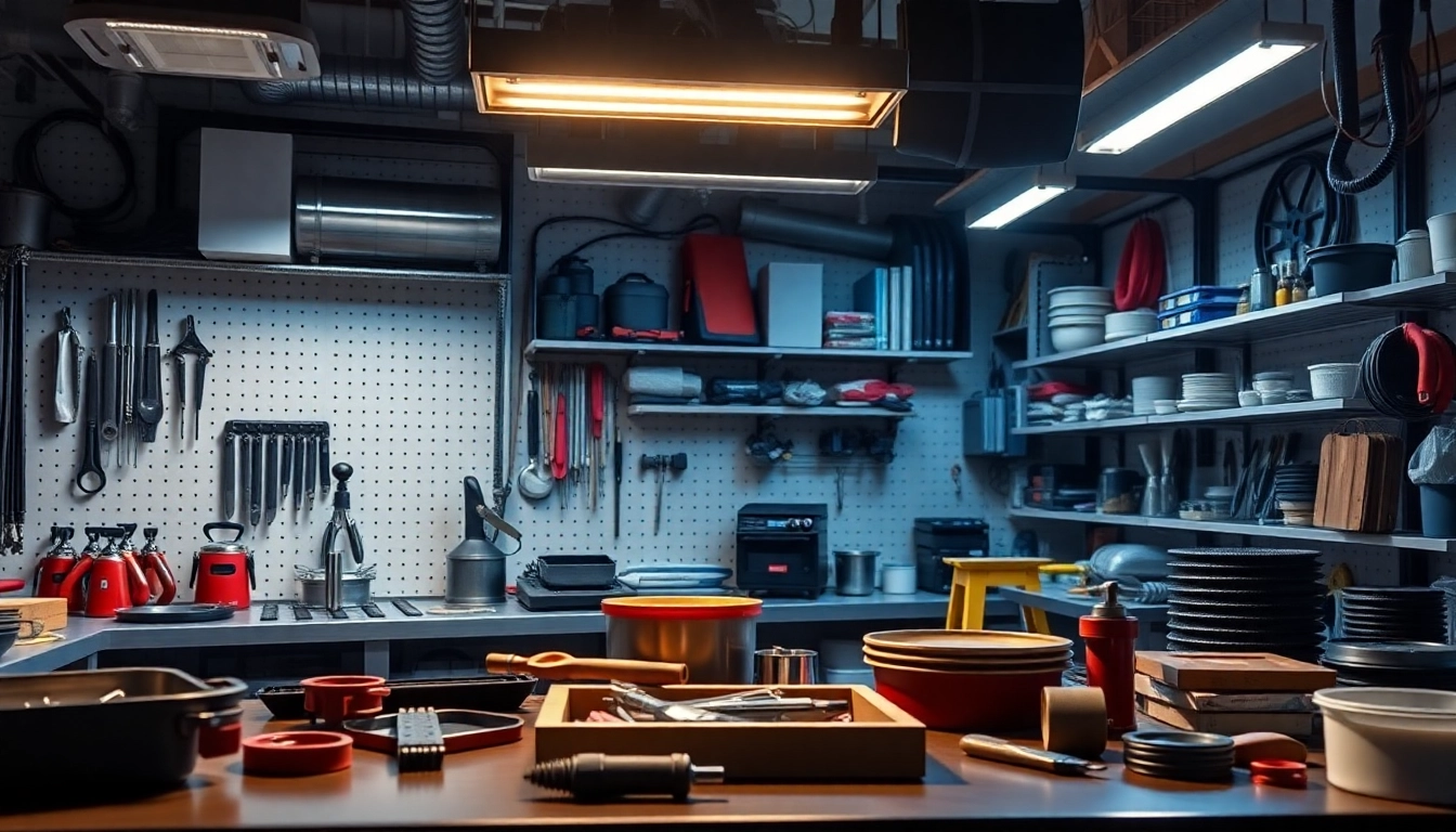 Performing chef base repair with organized tools and replacement parts displayed prominently.