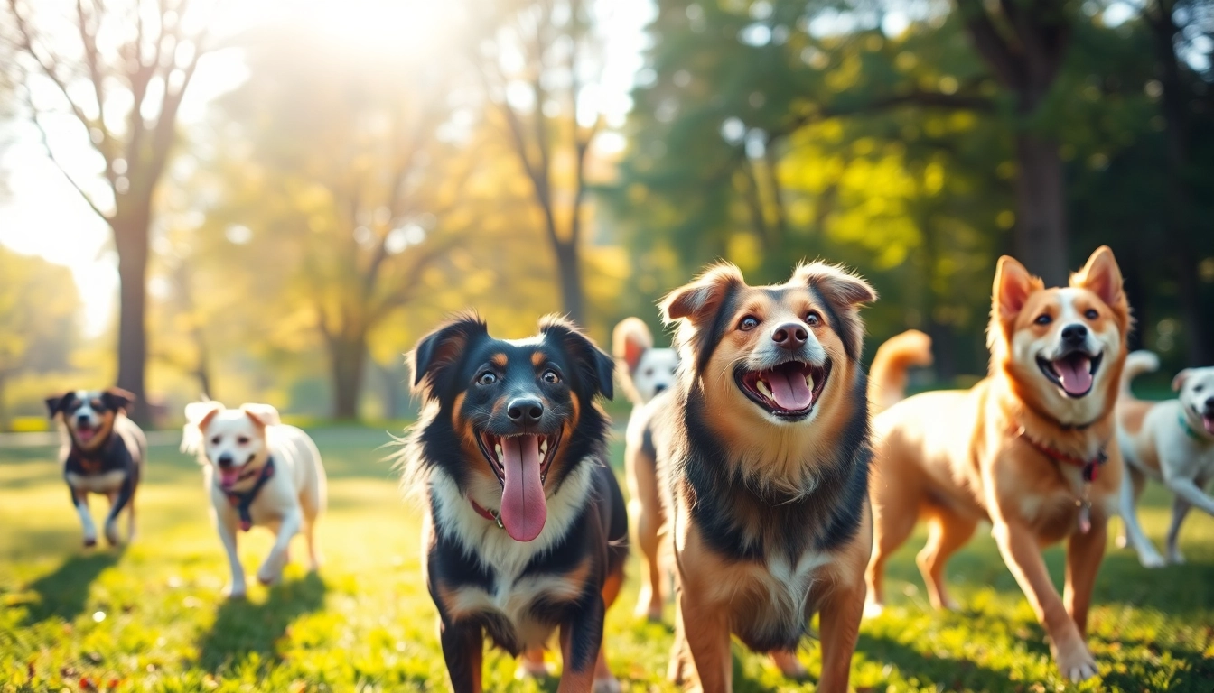 Happy dogs enjoying a sunny day at Kate's K9 Pet Care park.