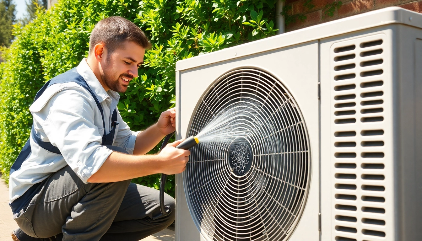 Learn how to clean ac condenser effectively by spray washing dirt off the fins while a technician maintains the unit.