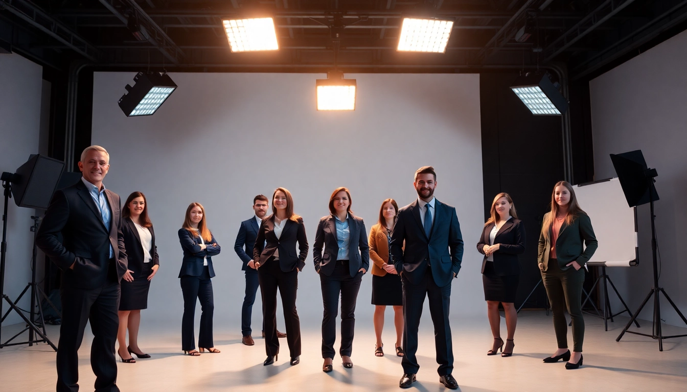 Corporate professionals showcasing diverse company headshots in a well-lit studio setting.