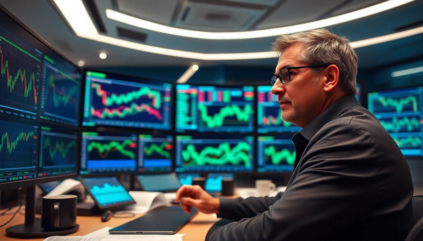 Analyze trade futures trends at a modern trading desk with multiple screens and graphs.