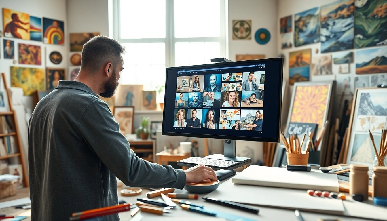 Create with an AI image generator Australia, featuring an artist in a bright studio.
