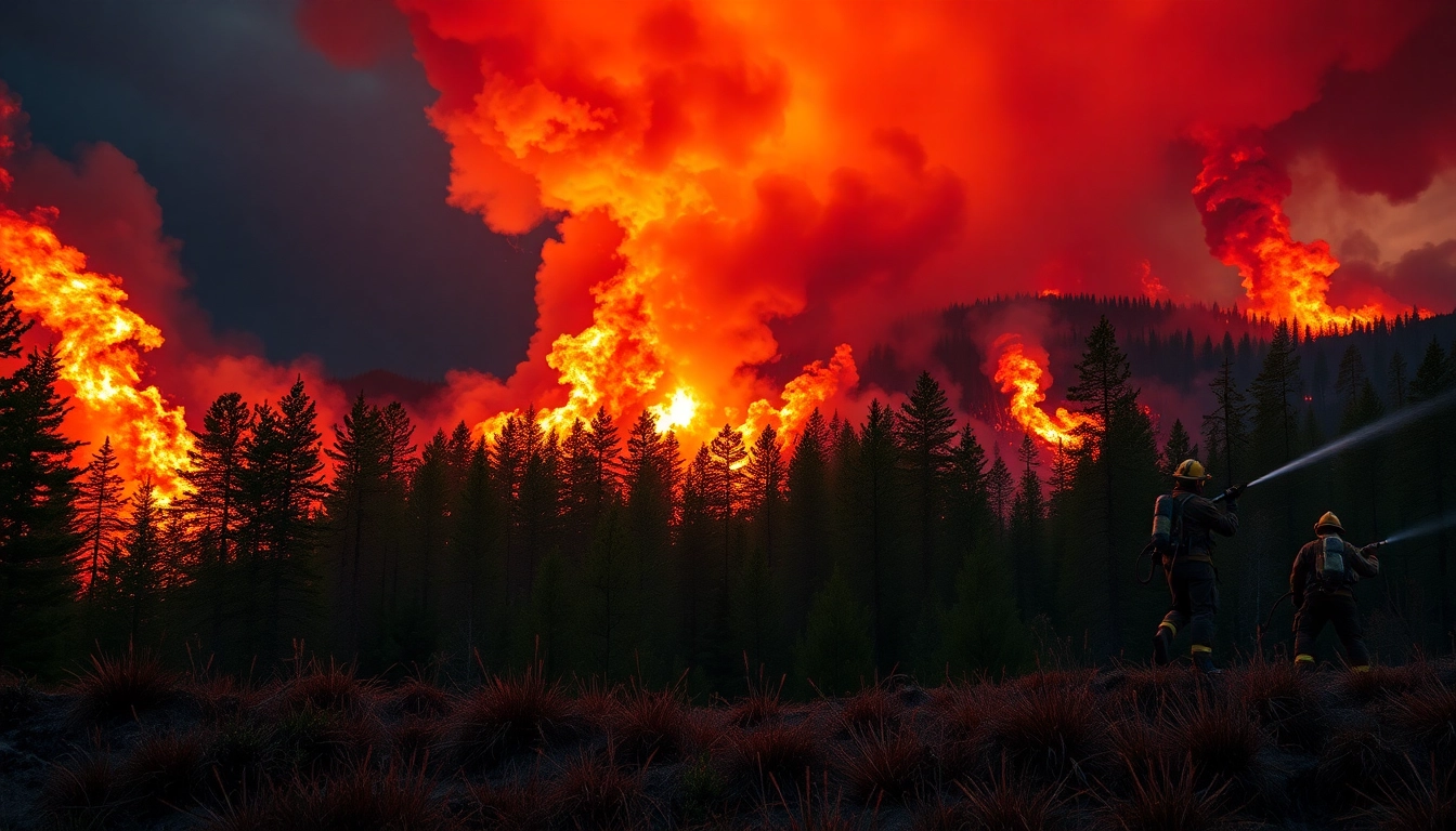 Firefighters battling wildfire events in a vibrant forest landscape with dramatic flames.