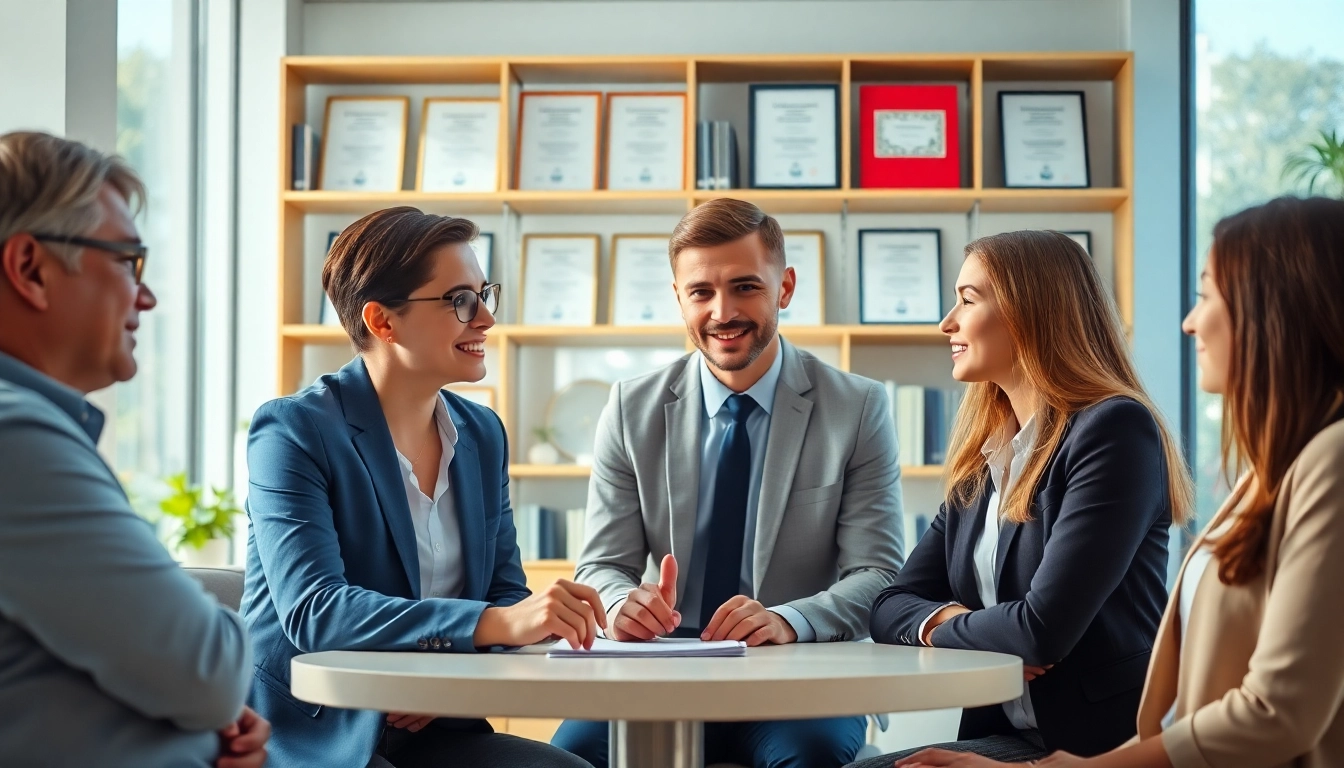 Engaged professionals discussing the benefits of an original UK degree in a modern office.