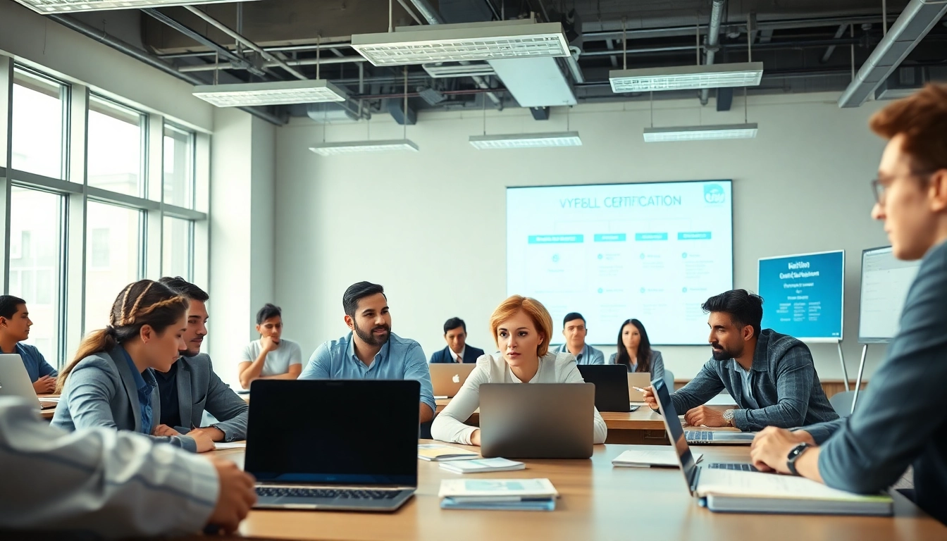 Engaged professionals studying cybersecurity certifications in a modern classroom setting.