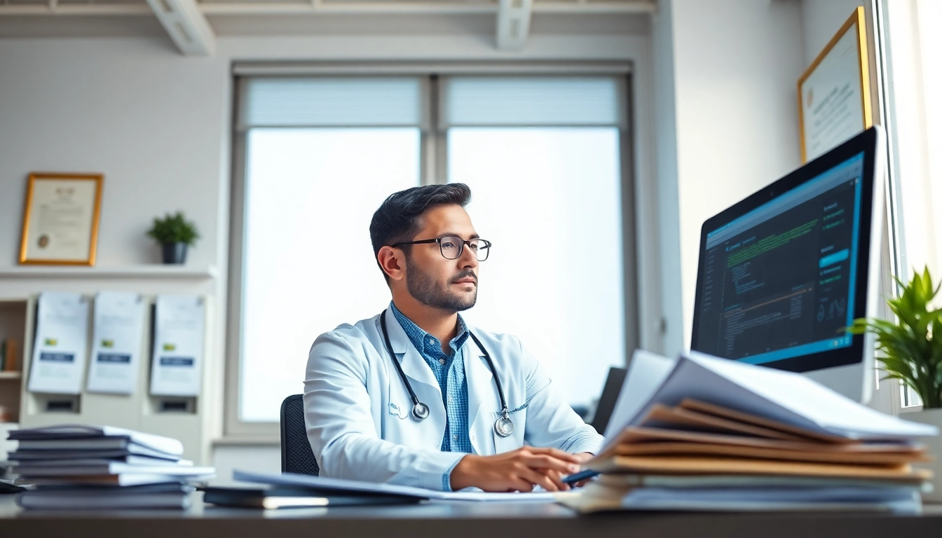 Engaged professional in medical coding certification workspace analyzing coding documents.