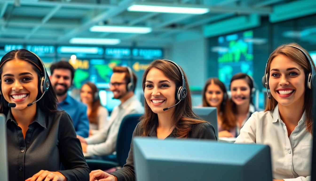 Engaged customer service representatives showcasing Call Center Solutions in a modern workspace.