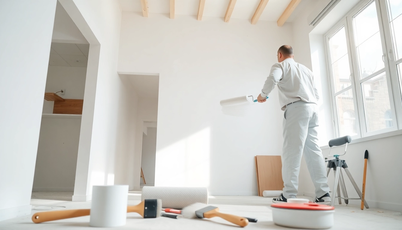 Skilled drywall painting in progress, showcasing a professional applying paint to freshly installed drywall.