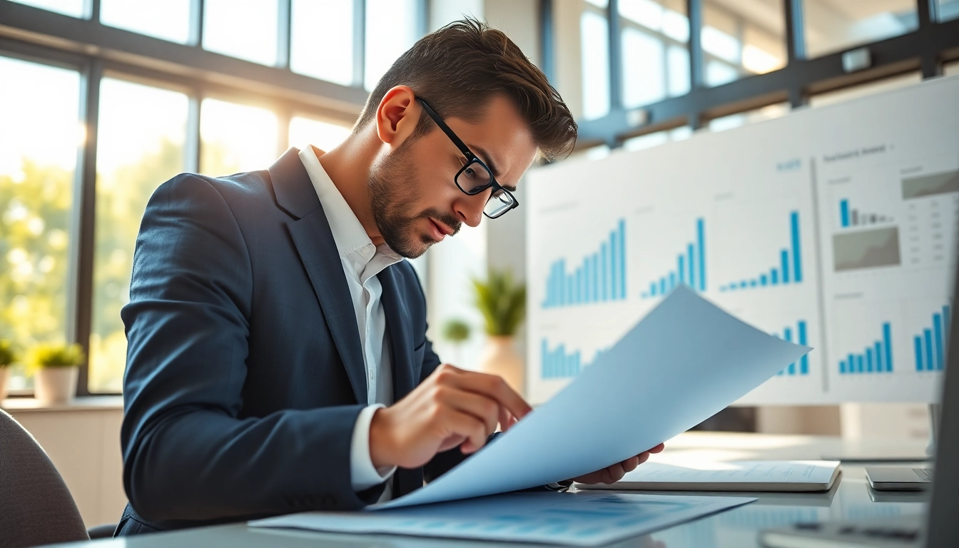 Accountant performing an impairment test with financial documents and graphs on the desk.