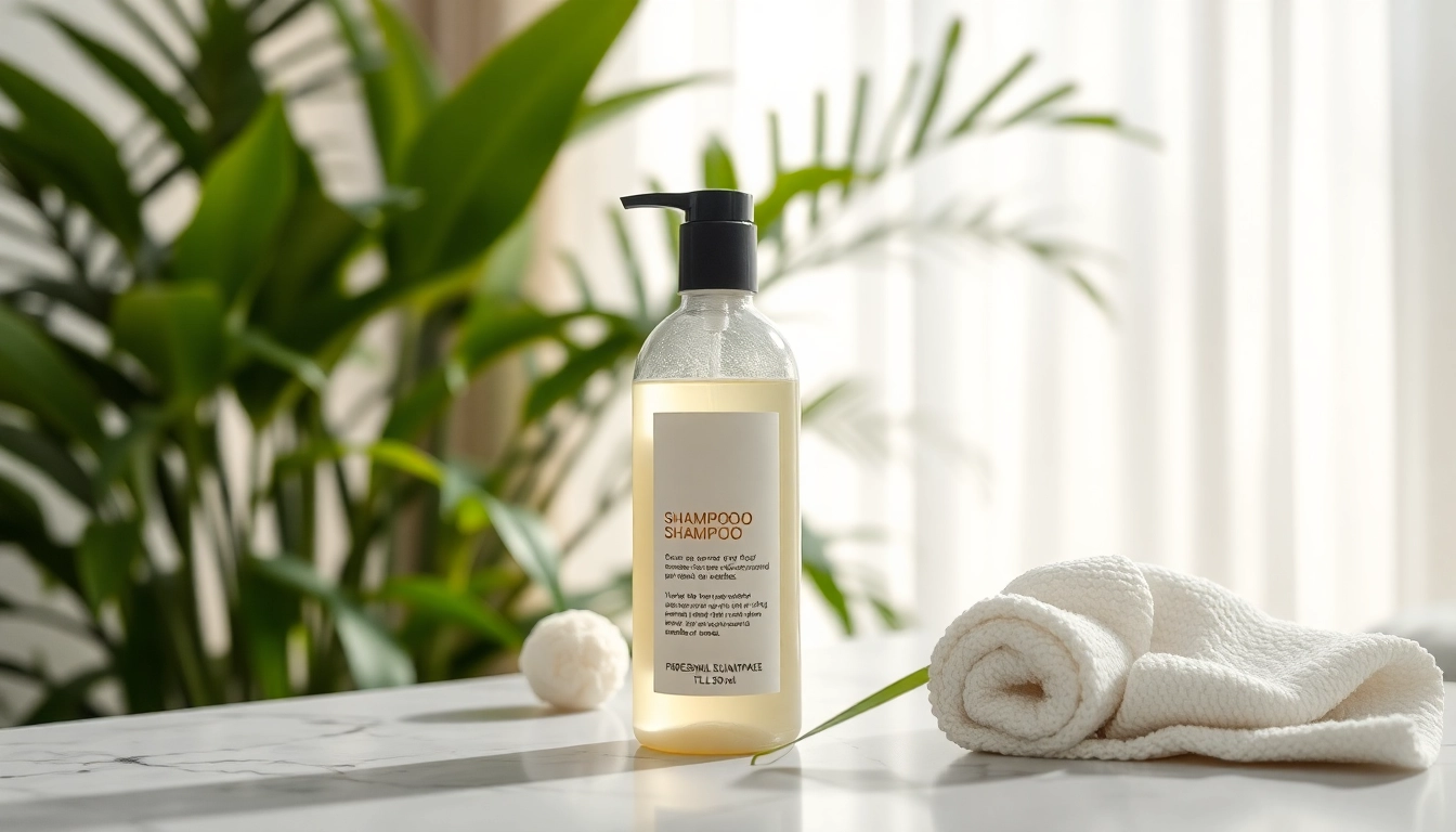 Engaging shampoo for alopecia displayed in a calming bathroom environment for healthy hair.