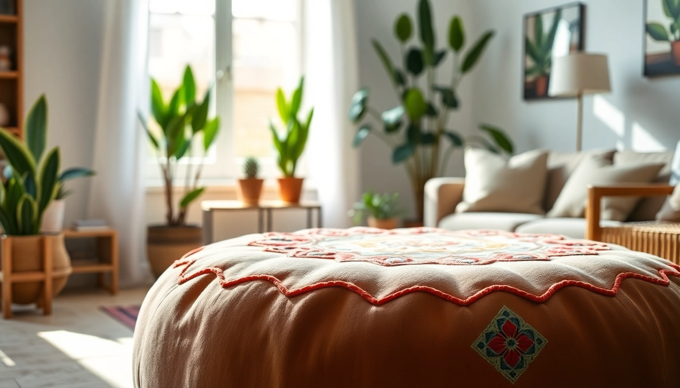 Stunning cactus silk pouf featured on labboho.com/collections/cactus-silk-poufs in a bright living room setting.