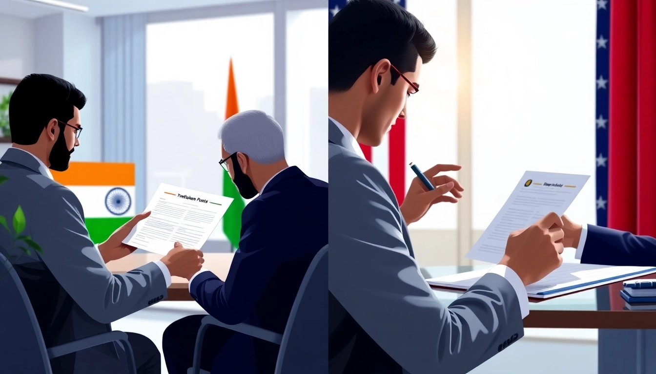 Illustration depicting trademark registration processes in India and US, showcasing legal professionalism and coordination.