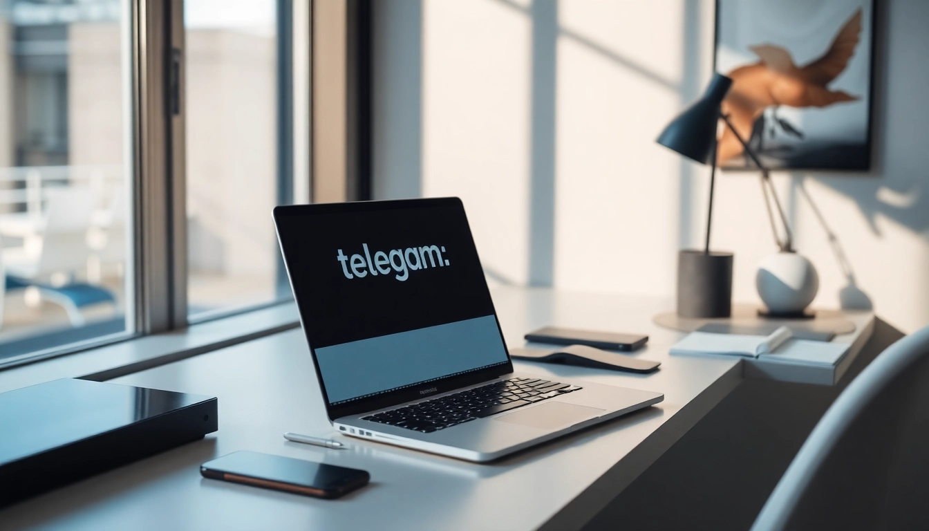 View telegram电脑版中文 on a sleek laptop in a modern workspace setup against a bright, inviting backdrop.
