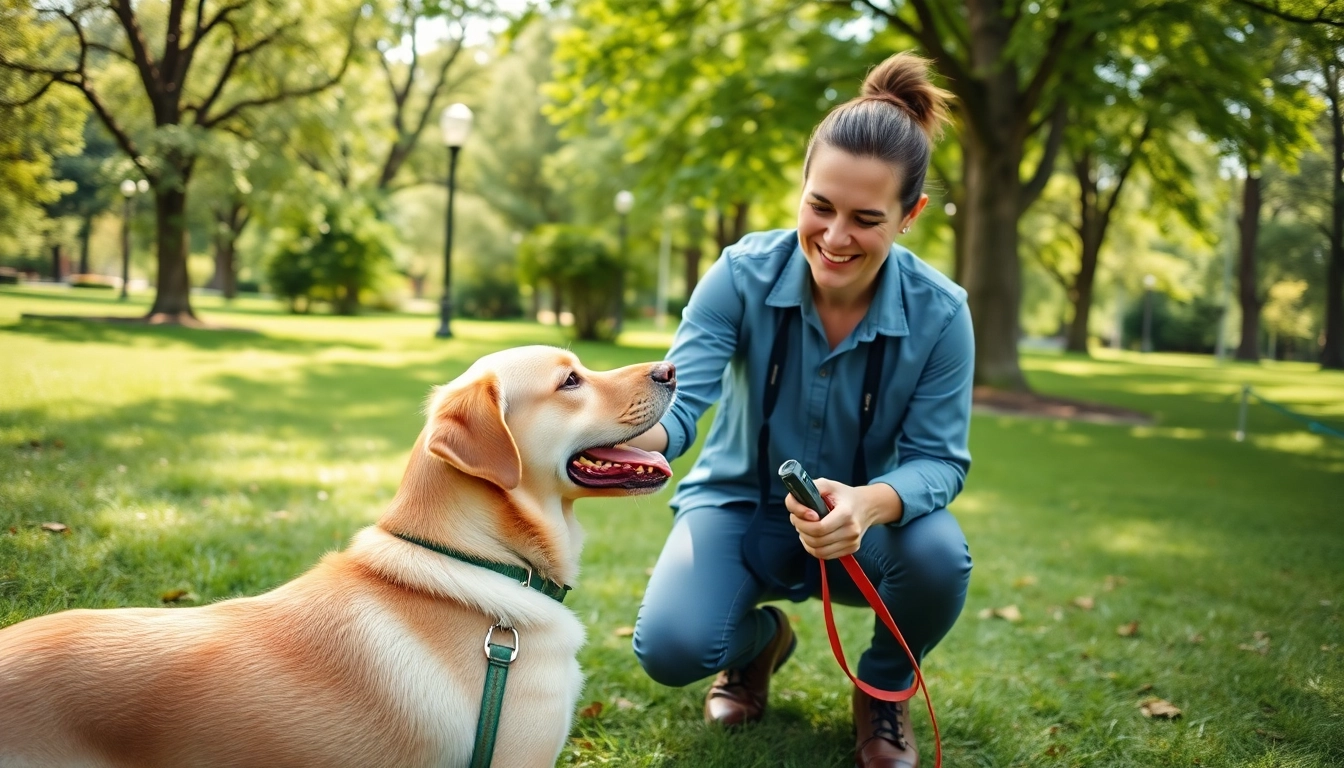A Labrador Retriever engaged in Dog Training Irvine session with a professional trainer in a sunny park.