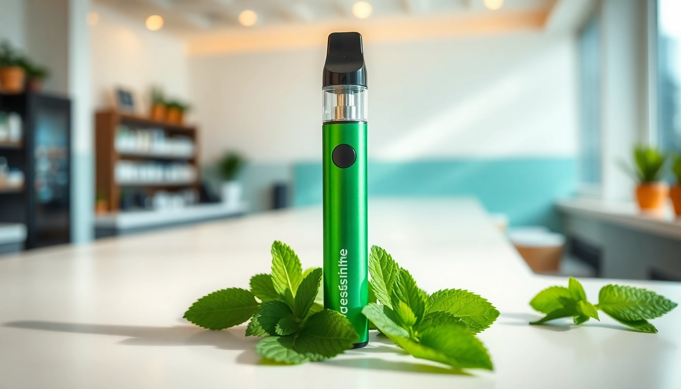 Engaging zero nicotine disposable vape surrounded by mint leaves, highlighting its sleek design.