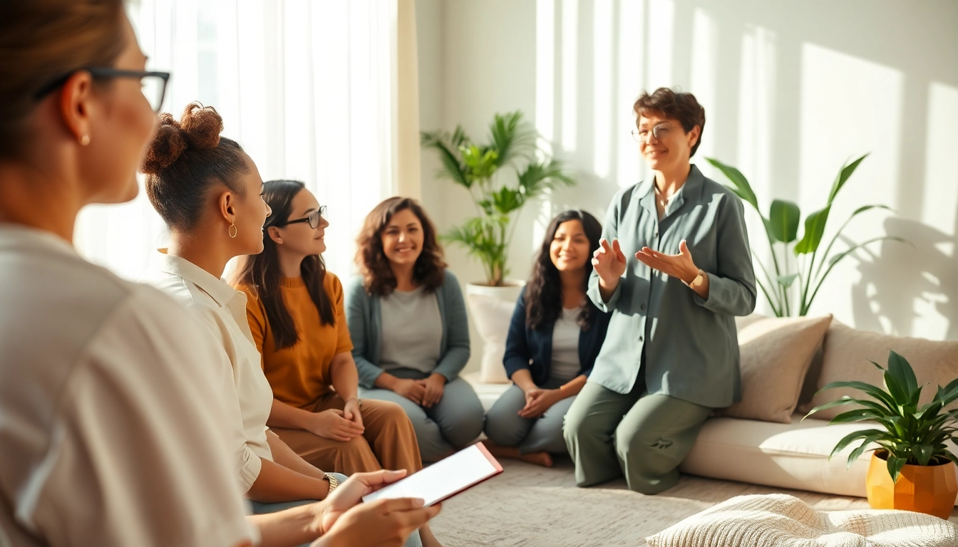 Individuals dealing with stress in a therapeutic setting, guided by a professional.