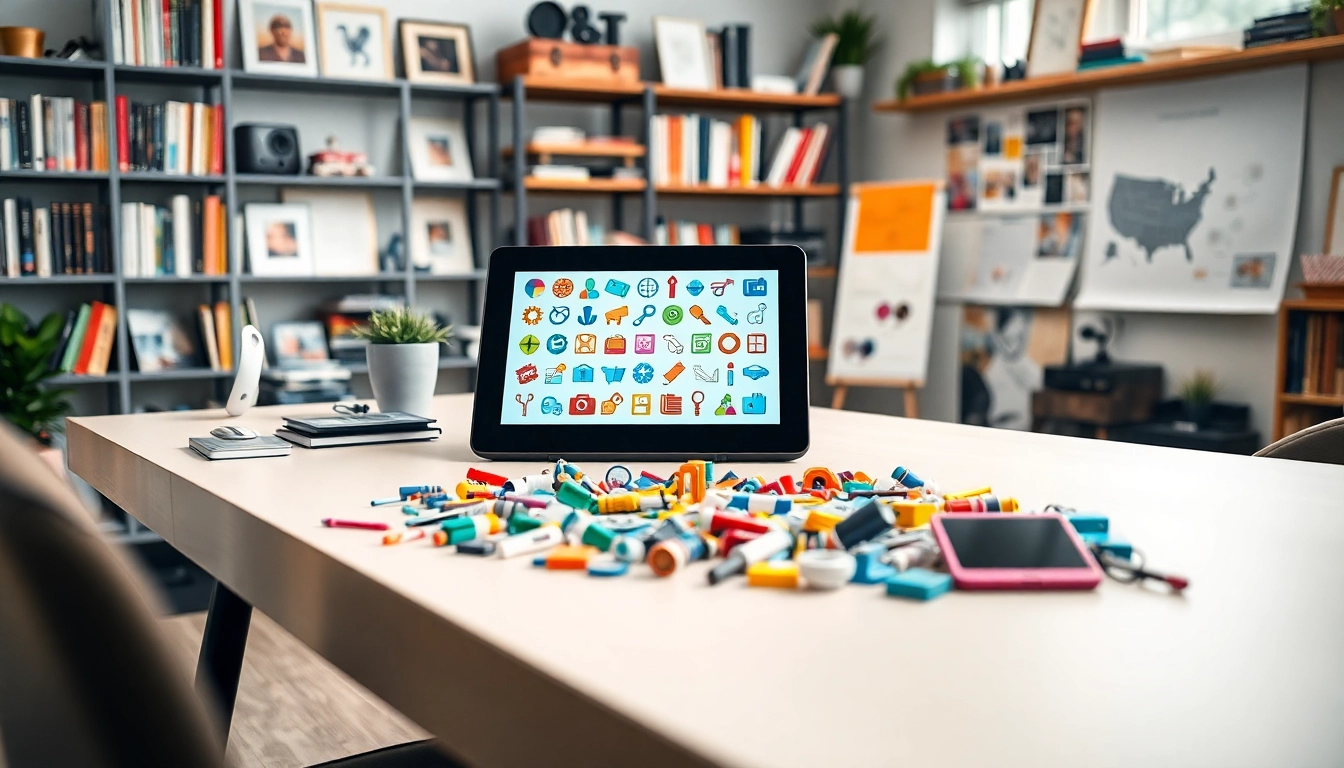 Designers creating vibrant Icons in a modern studio workspace with graphic tablet.