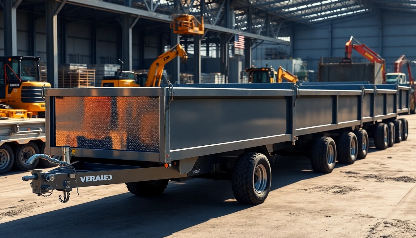 Showcasing hydraulic dump trailers for sale at a busy construction site, emphasizing quality and reliability.