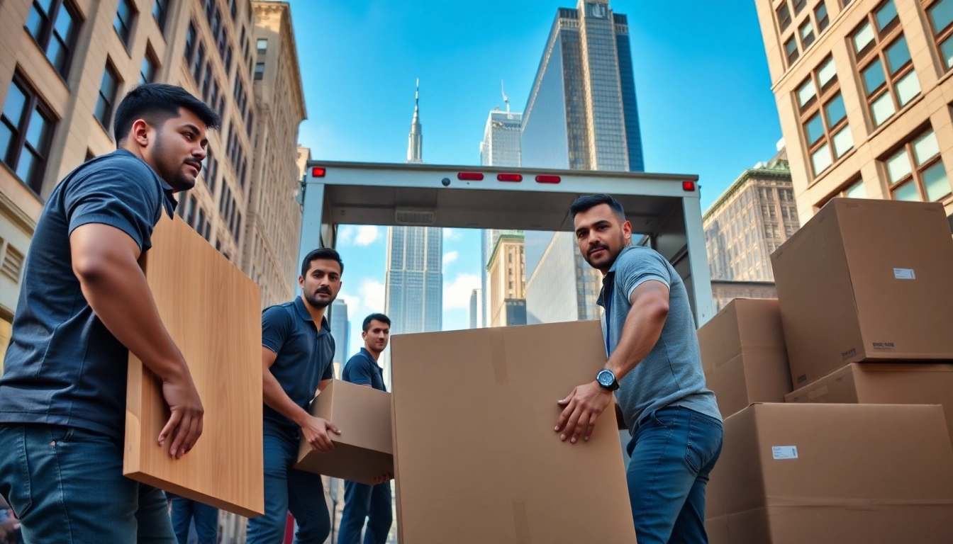 Movers nyc loading furniture into a truck amidst the urban landscape of New York City.