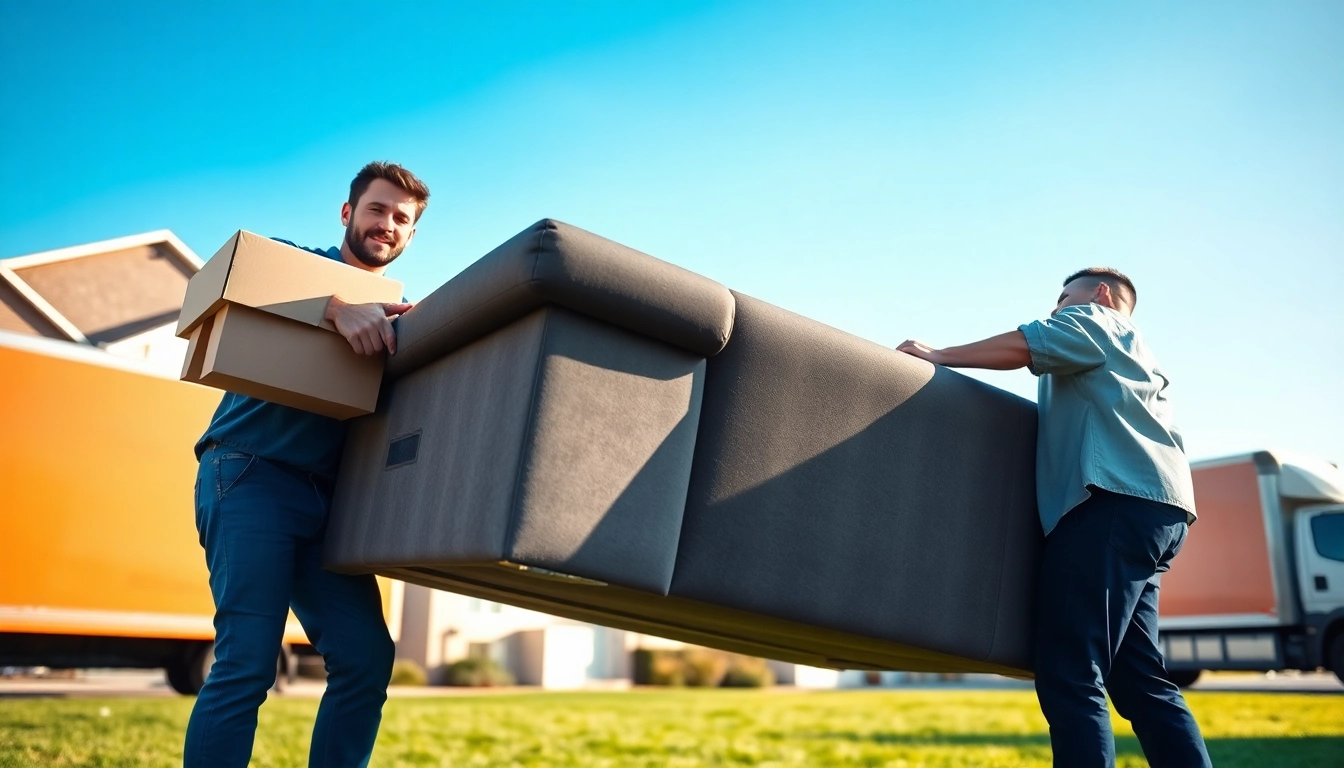 Movers performing house moves by lifting furniture with care, demonstrating teamwork.
