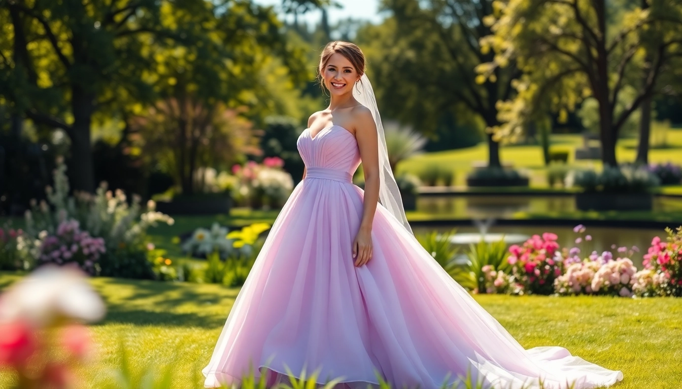 Bridal portrait showcasing elegant coloured wedding dresses in a beautiful garden setting.