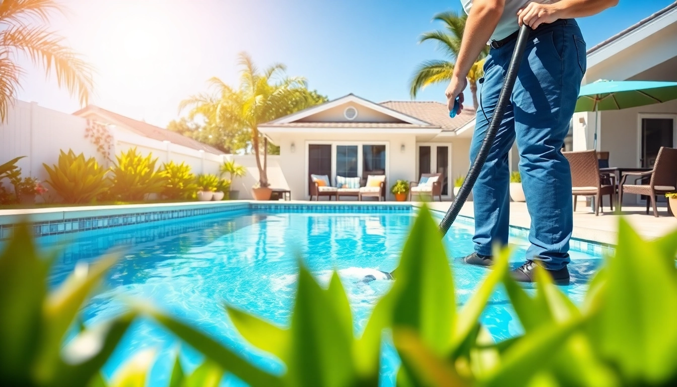 Offering comprehensive pool cleaning service near me by professional technician in well-maintained backyard.