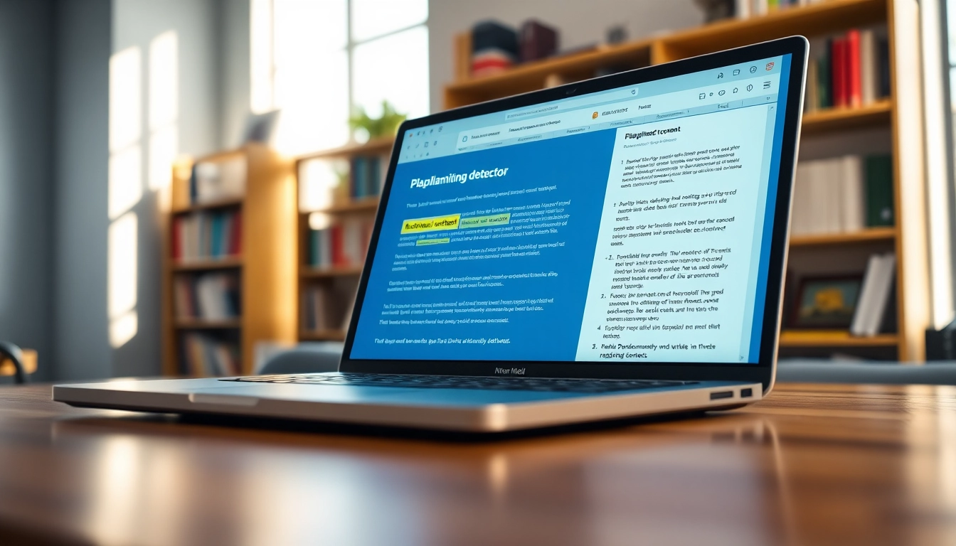 Showcase a plagiarism detector tool in action on a laptop screen, emphasizing clear detection of copied content.