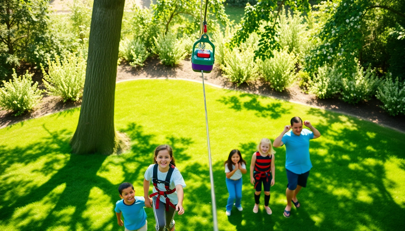 Enjoying the GARDEN ZIP WIRE KIT in a sunny backyard with family preparing for a thrilling ride.