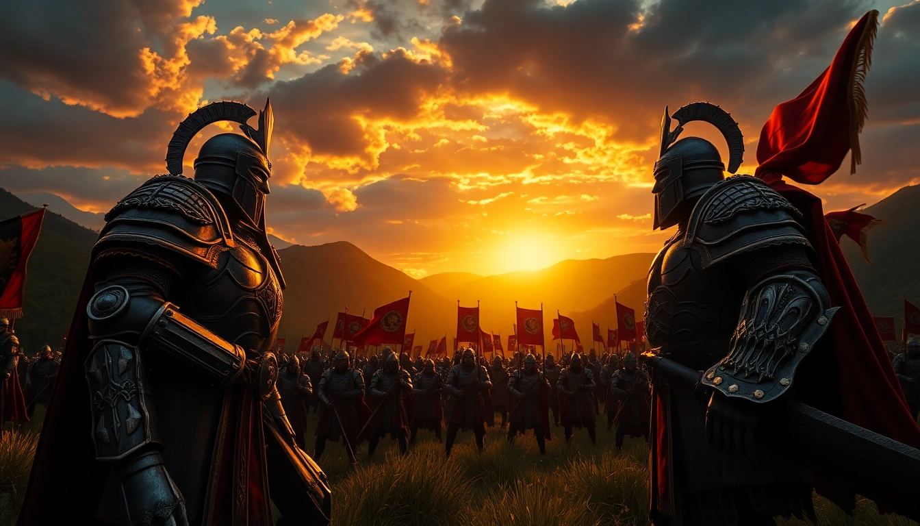 Warlords facing off in an epic battle, showcasing their armored might and dramatic backdrop.
