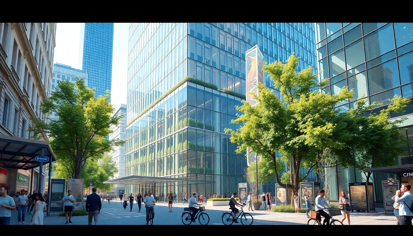 Architekturvisualisierung eines modernen Gebäudes in einer urbanen Umgebung mit lebendigen Details