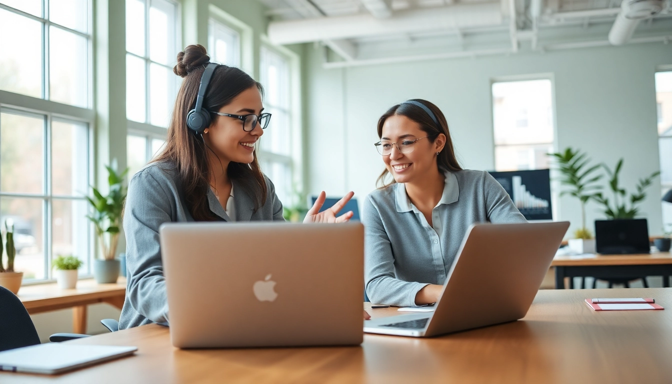 Virtual Assistants collaborating in a modern office showcasing productivity and teamwork.