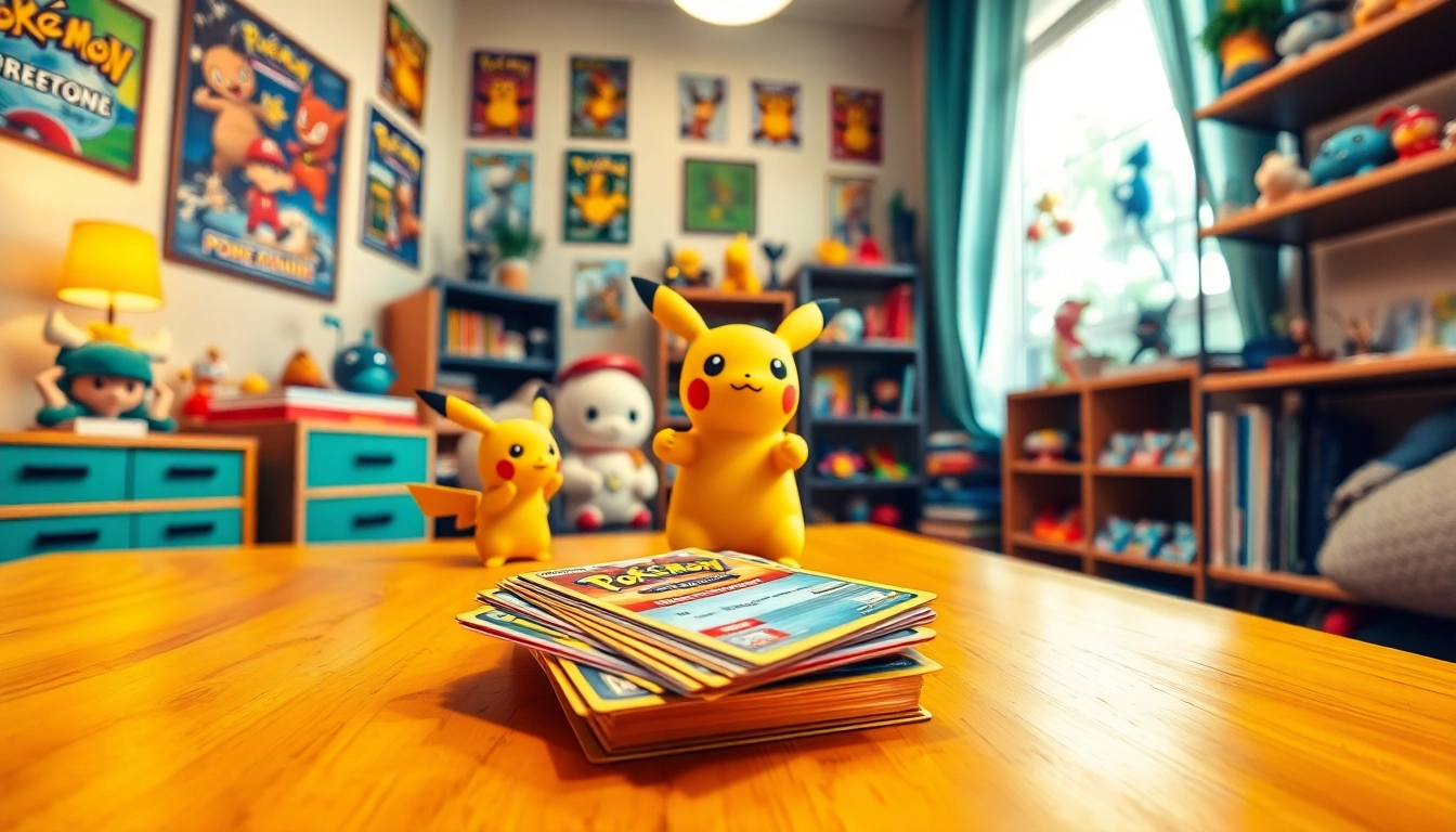 Showcasing real Pokemon cards arranged creatively on a game table with collectibles.