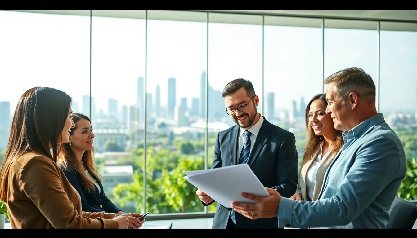 Environmental lawyer advising clients on sustainable practices in a modern office.