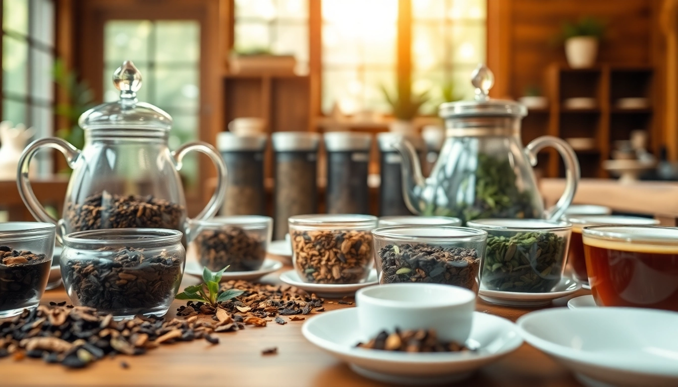 Sample exquisite single origin tea leaves displayed in elegant glass pots and cups.
