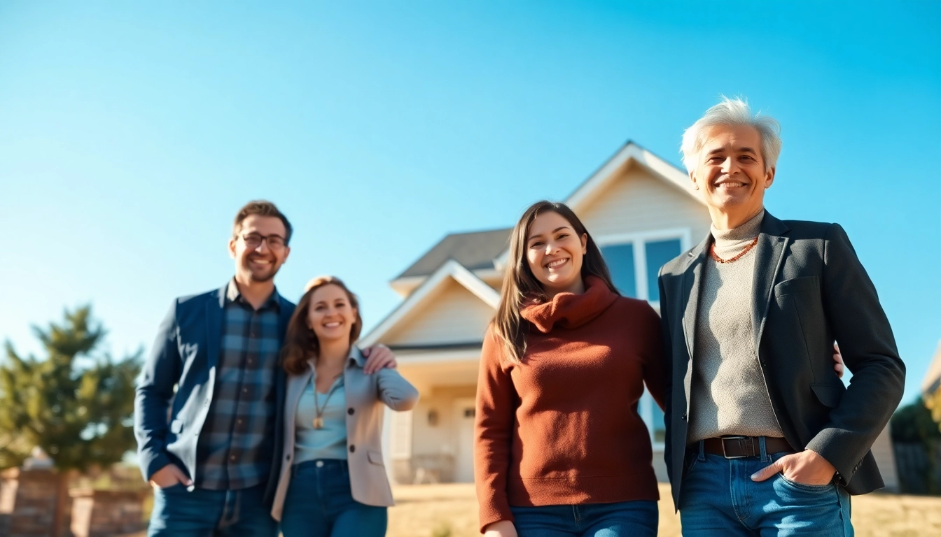 Buy my property fast: Happy family in front of sold house celebrating their successful decision.