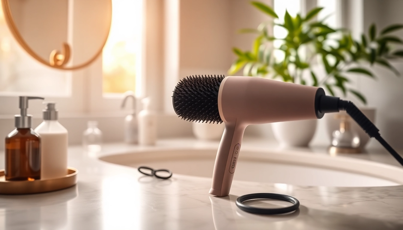 Showcasing a Blow Dryer Brush on a stylish bathroom countertop, highlighting its sleek design and bristles.