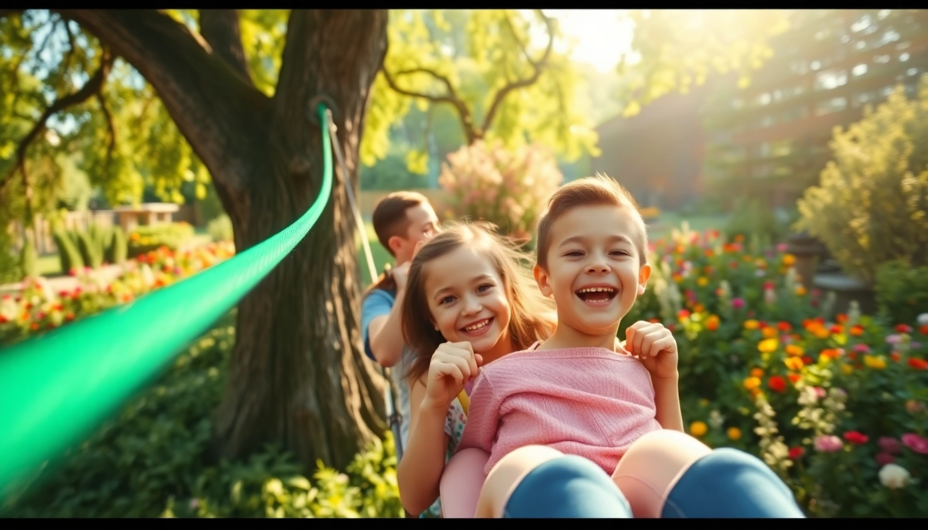 Excited family using the GARDEN ZIP WIRE KIT in a beautiful garden setting.