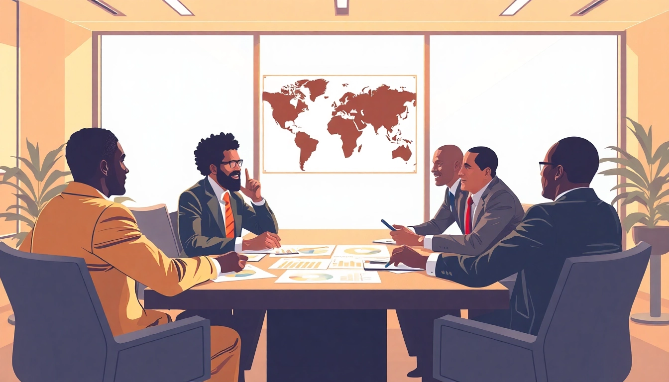 Analyse BRICS Afrique leaders strategizing with maps and charts in a collaborative setting.