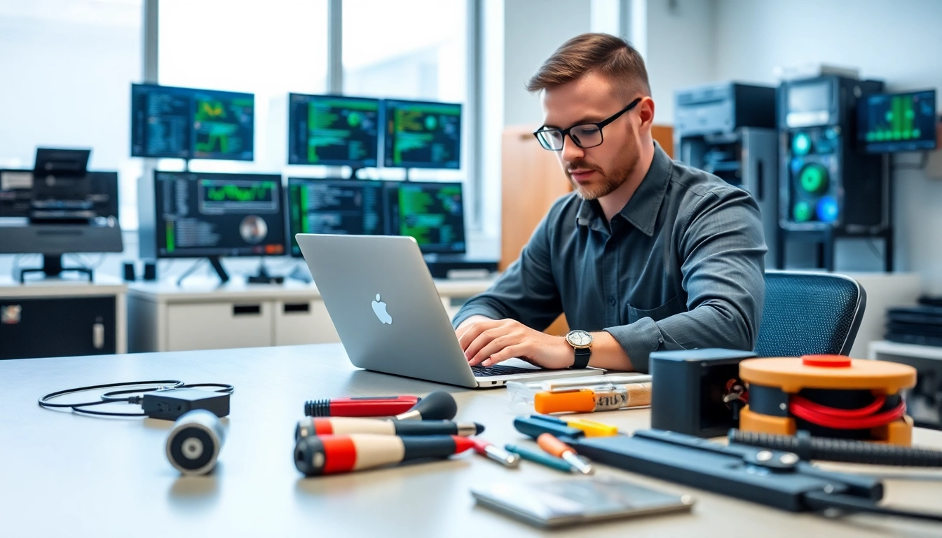 Engaging computer service scenario with a technician repairing a laptop in a professional office.